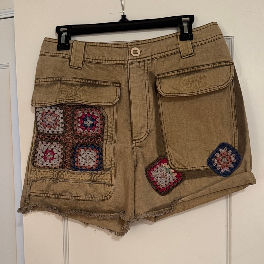 Free People Tan Cargo Crochet Patch Shorts